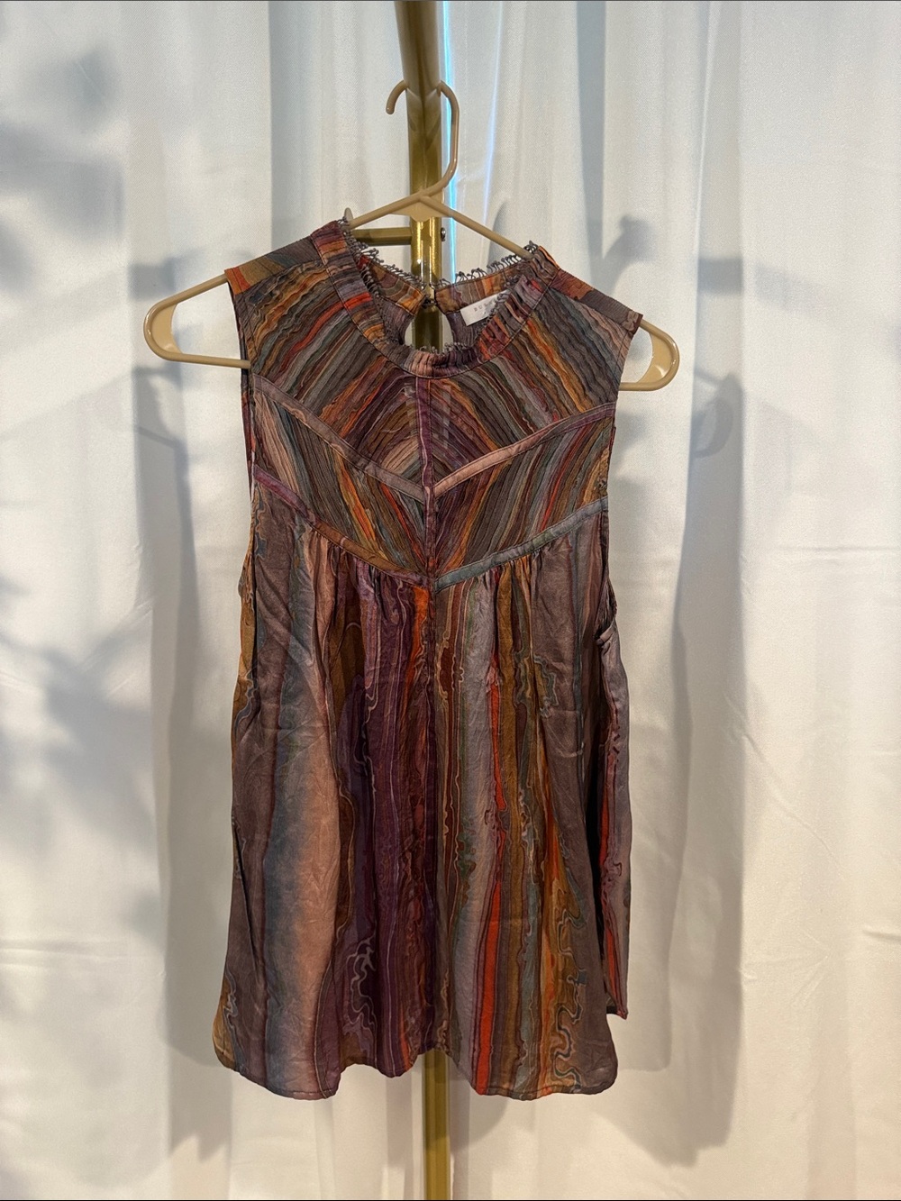 Burning Torch Sleeveless Multicolor Striped Silk Top Small